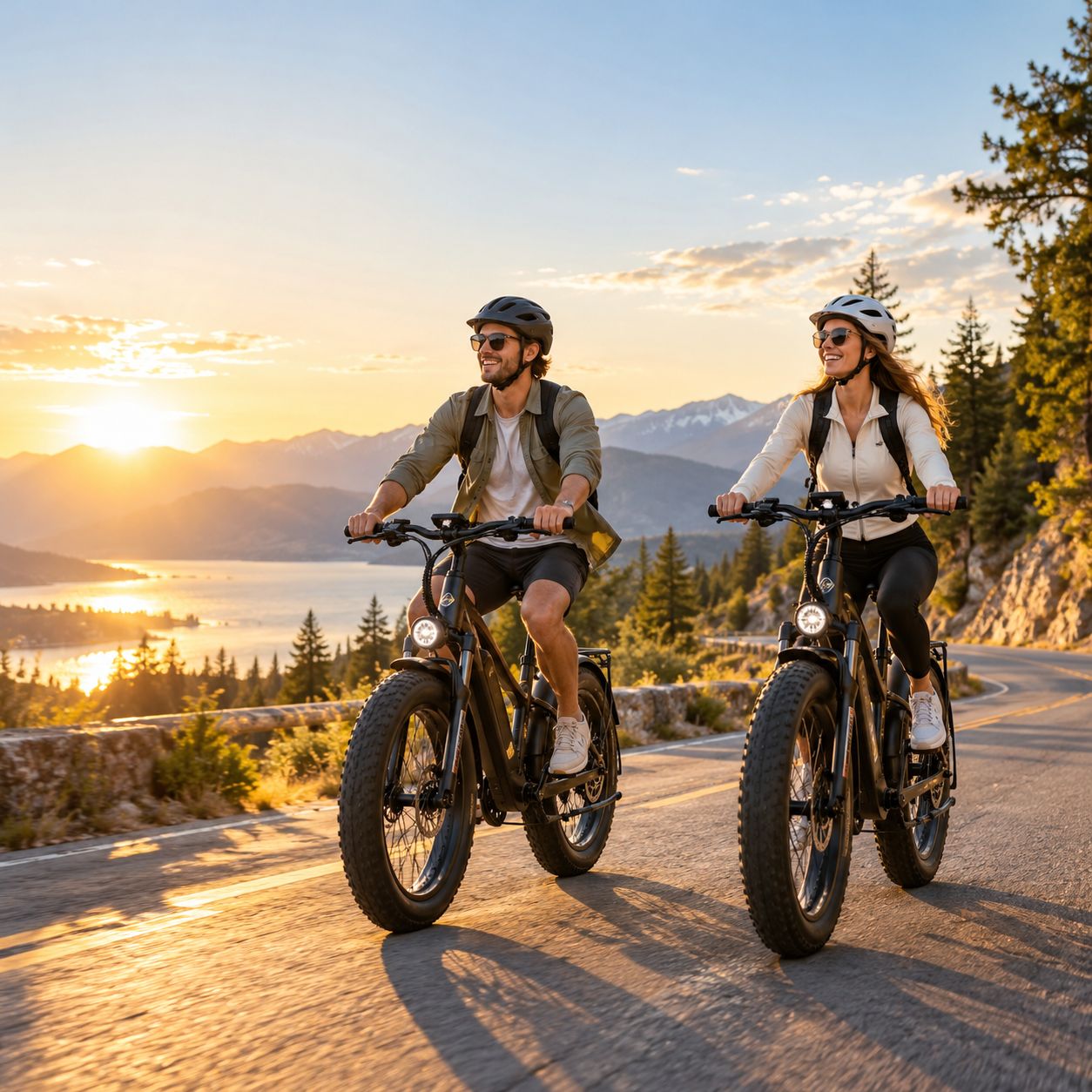 Two helmeted cyclists enjoying a scenic sunset ride on electric fat-tire bicycles