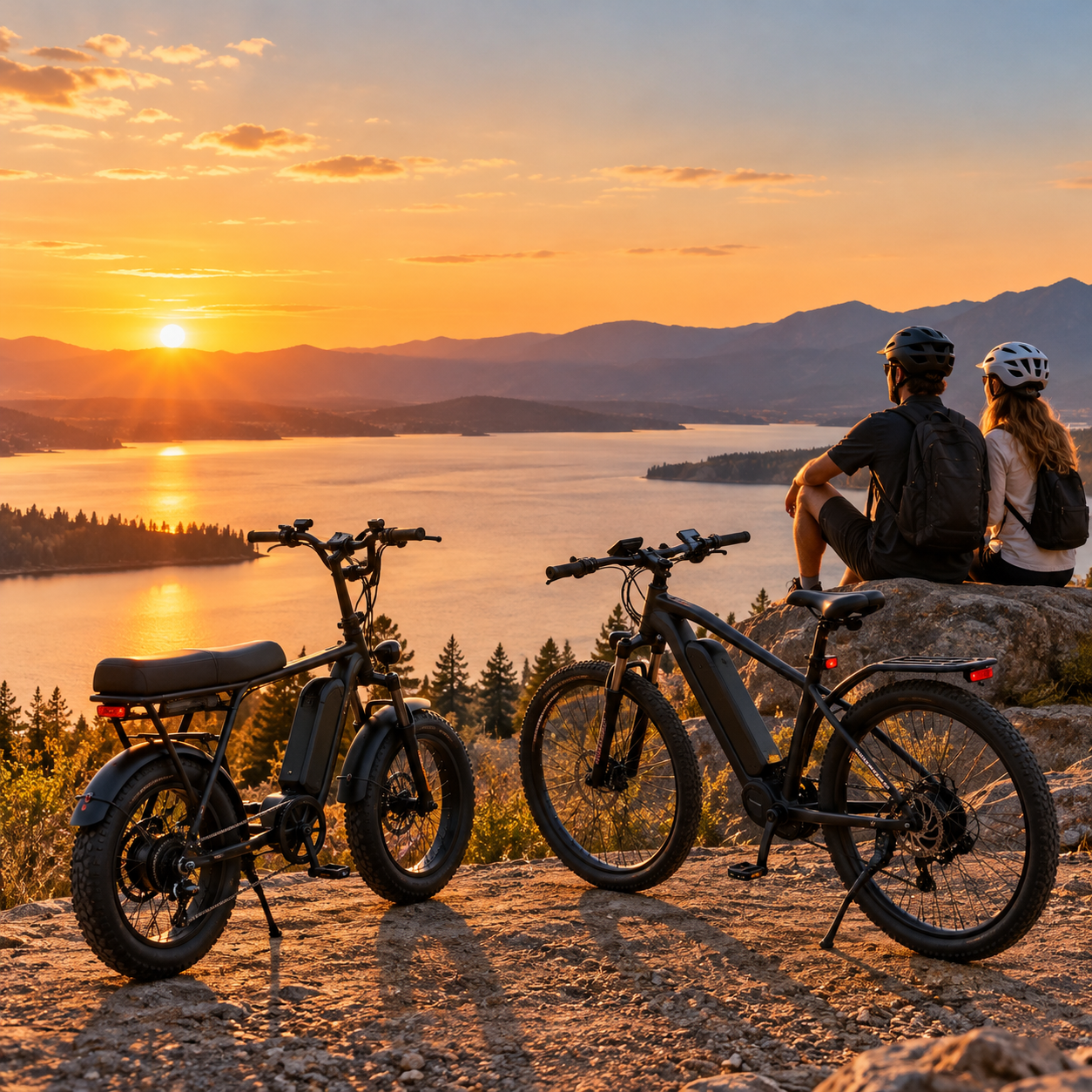 Illustrative comparison of a compact fat-tire electric bike and a larger mountain-style electric bicycle