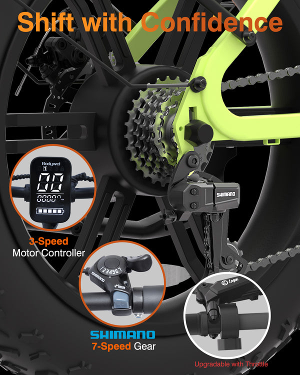 Bodywel F20Pro Adult Electric Bike, 26 x 4 Fat Mountain E Bike All Terrain Battery