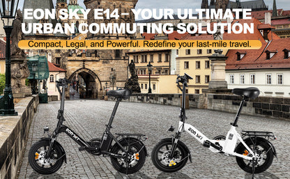 E14 white/black | 36V 10.4Ah | 25-35KM | 14*2.5 inch | 20.8KG | Front and rear disc brakes | Front shock absorber