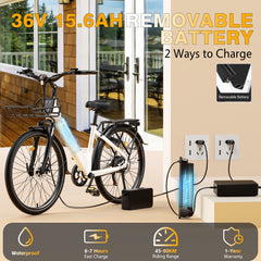 V1 Electric City Bike – 250W Motor  36V 15.6Ah Battery Long Range Commuter E-Bike