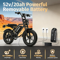V20-52V20AH Electric Bike for Adults 20" x 4.0, Removable Battery 52V 15/20Ah, 160/190 Km Range, Double Suspension Electric Bicycle, 7 Speed Ebike