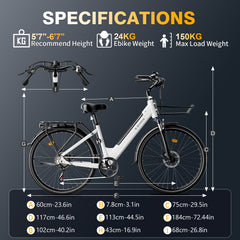 V1 Electric City Bike – 250W Motor  36V 15.6Ah Battery Long Range Commuter E-Bike