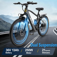 GT900-26 Adult Dual Suspension Electric Mountain Bike, 240W Peak Brushless Motor