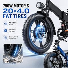 T5 20" Fat Tire Electric Bike, 750W Motor, 48V 13Ah Battery, 7-Speed, Dual Disc Brakes