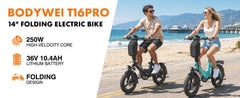 Bodywel T16PRO Folding Electric Bike, 14" Portable E-Bike, City EBike with LED