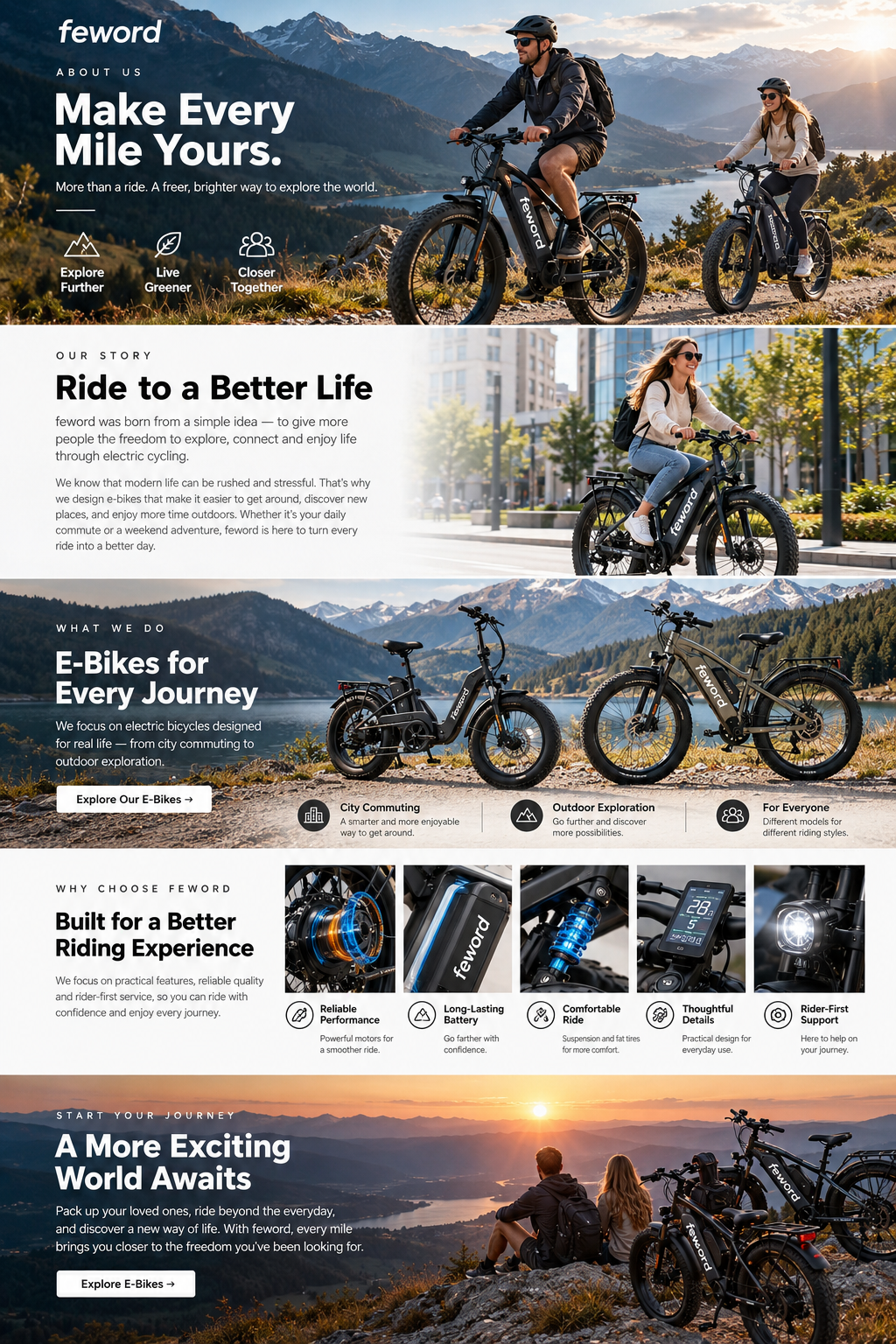 Close-up illustrative view of electric bicycle handlebars, headlight, suspension fork, and front tire